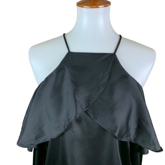 Haute Rogue Black Cold Shoulder Satin Ruffle Blouse Small Elegant Date Night NWT - Picture 2 of 7